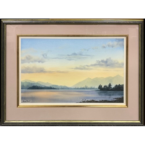 318 - Emma Rideout, Evening at Skiddaw, Derwent water, signed, watercolour, 34.5cm x 55cm;  Caroline Jorda... 