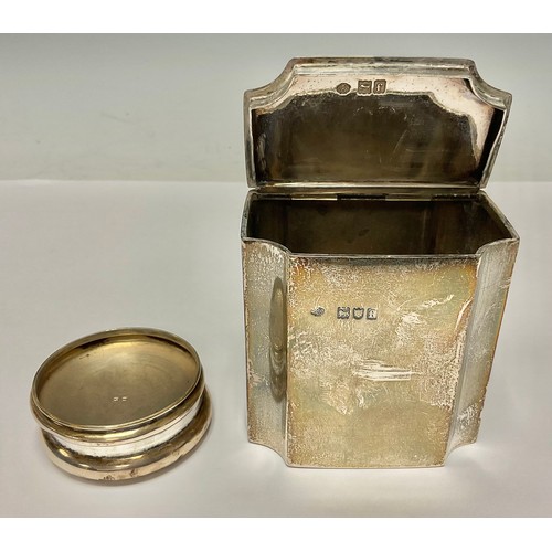 11 - A George III style silver rectangular tea caddy, hinged cover, 9cm high, London, 1901, 222g; a Georg... 