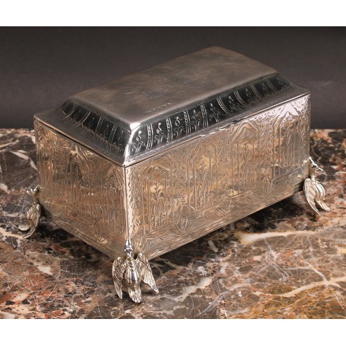 33 - A Victorian silver table casket, bright-cut engraved with pointed arched panels and fruiting leafy p... 