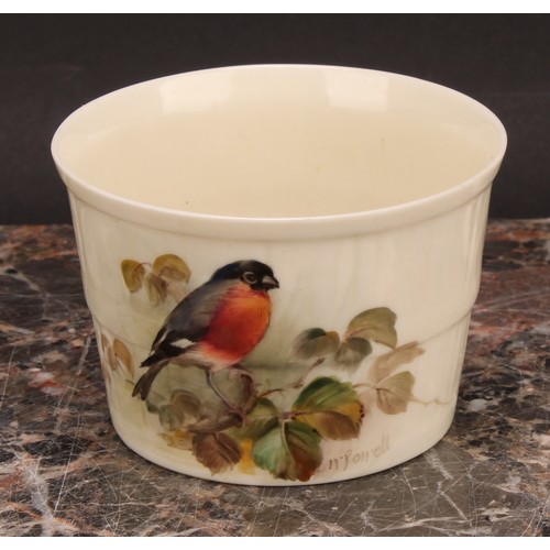 17 - A Royal Worcester barrel shaped jug, painted by W. Powell, signed, with a Goldfinch, 7cm high, print... 