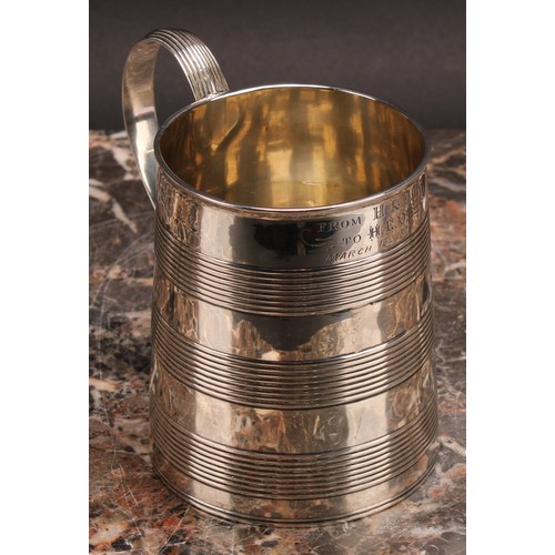 40 - The Bateman Family -a George III silver spreading cylindrical mug, reeded bands and scroll handle, 1... 