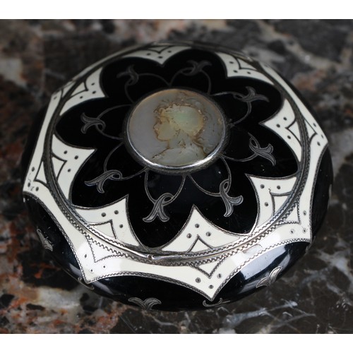 42 - An early 20th century silver coloured metal and enamel table snuff box, possibly Russian, the hinged... 