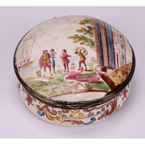 45 - A George III South Staffordshire enamel circular table snuff box, hinged cover painted with figures ... 