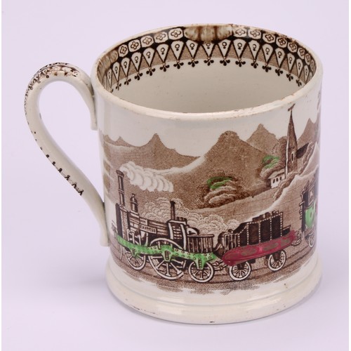 49 - Railway Interest - steam locomotives, a 19th century Staffordshire pearlware mug, printed in sepia t... 