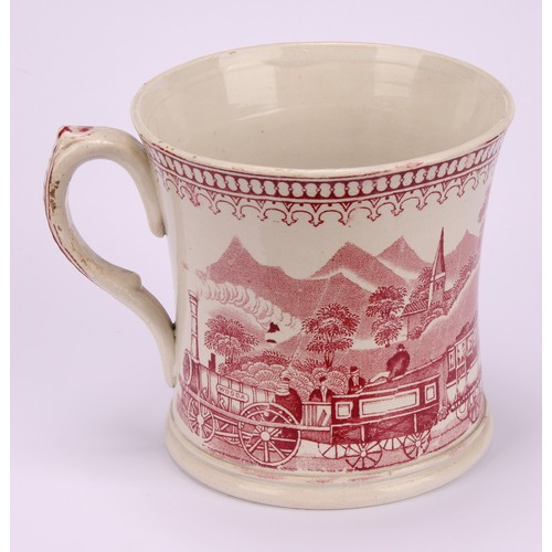 49 - Railway Interest - steam locomotives, a 19th century Staffordshire pearlware mug, printed in sepia t... 