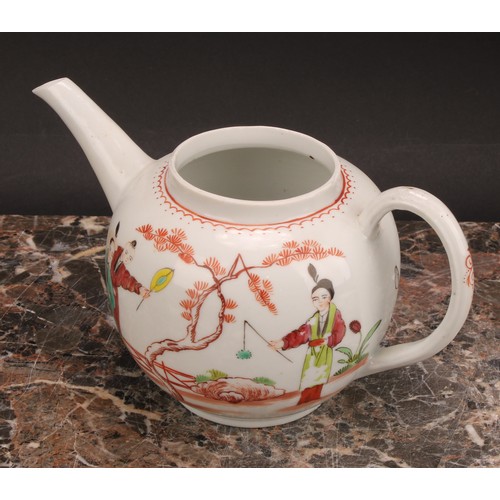 59 - A Bristol globular teapot, decorated in polychrome with Oriental figures, crowsfoot border, 10cm hig... 