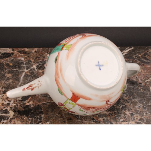 59 - A Bristol globular teapot, decorated in polychrome with Oriental figures, crowsfoot border, 10cm hig... 