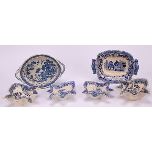 74 - A pair of 19th century Staffordshire Willow pattern blue and white pickle dishes, 14.5cm; another pa... 