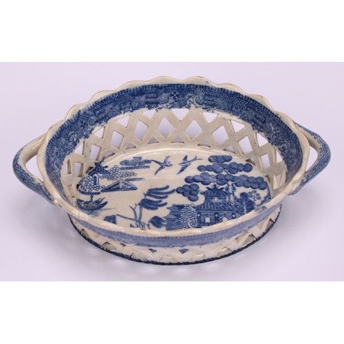 74 - A pair of 19th century Staffordshire Willow pattern blue and white pickle dishes, 14.5cm; another pa... 