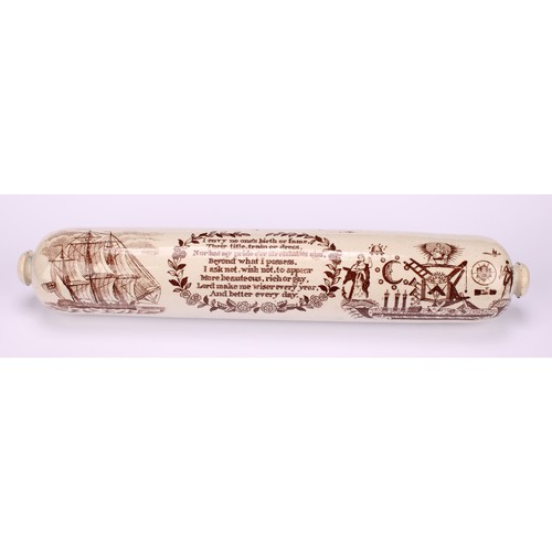 75 - A Sunderland Masonic rolling pin, printed in sepia tones, I envy no one's birth or fame..., with tal... 