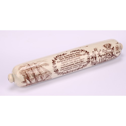 75 - A Sunderland Masonic rolling pin, printed in sepia tones, I envy no one's birth or fame..., with tal... 