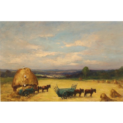 437 - Leon Hatot (20th century)
Haymaking,
signed and dated, oil on hardboard, 48cm x 71cm