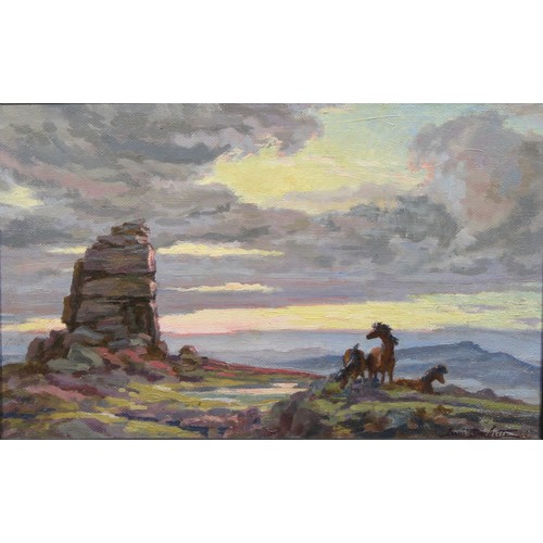 440 - Lewis Duckett (1892–1977)
Ponies on Dartmoor,
signed, oil on hardboard, 32.5cm x 51.5cm