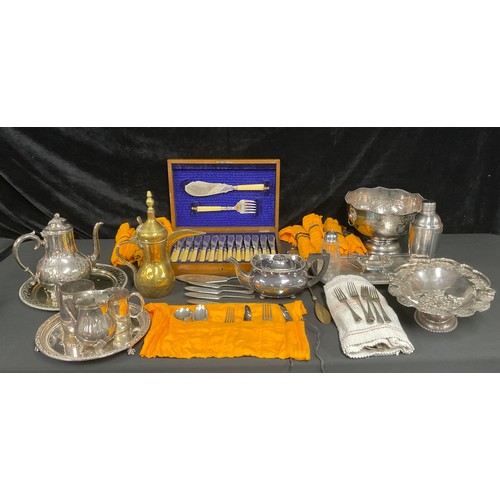 454 - An EPNS punch bowl, swing handle cake basket, coffee pot, teapot, salver, a canteen of fish knives a... 