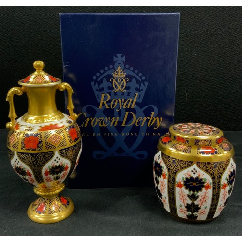 12 - Royal Crown Derby 1128 pattern ‘Sudbury’ twin handled lidded vase, 20cm high, ginger jar and cover, ... 