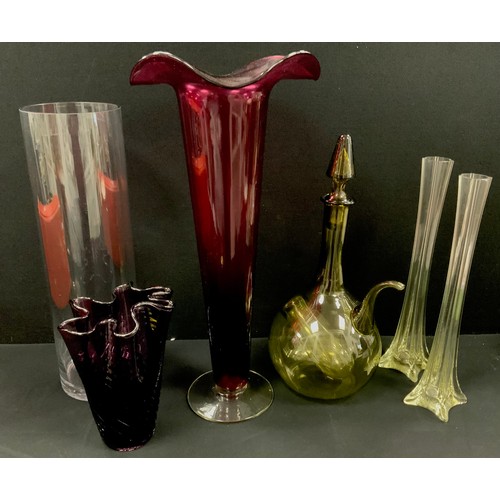 23 - Art glass - large ruby frilled edged trumpet vase, 56cm high, green glass wine decanter, 45cm high, ... 