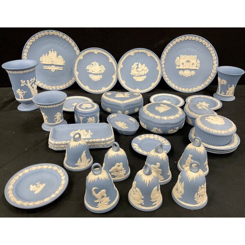 26 - Wedgwood powder blue jasperware - Christmas Bells, plates, trinket dishes, heart box and cover, vase... 