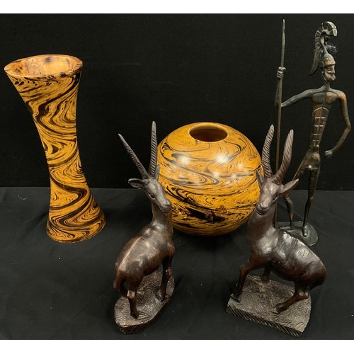 40 - Treen - a Western Australian snake wood (Mesquite) globular vase, 22cm high, another trumpet vase, 3... 