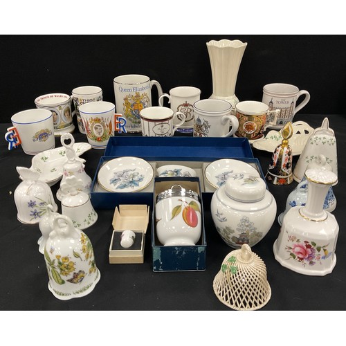 46 - Ceramics - Belleek porcelain vase. Art Nouveau figure bowl,  basket weave bell;  Royal Crown Derby 1... 