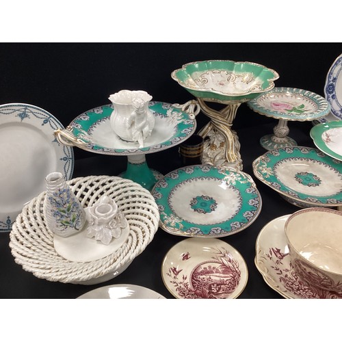 73 - 19th century and later English porcelain including; Bloor Derby multi lobed pedestal bowl, intwining... 