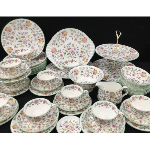 78 - An Extensive Minton Haddon Hall pattern dinner and tea set, inc two tier cake stand, large sandwich ... 