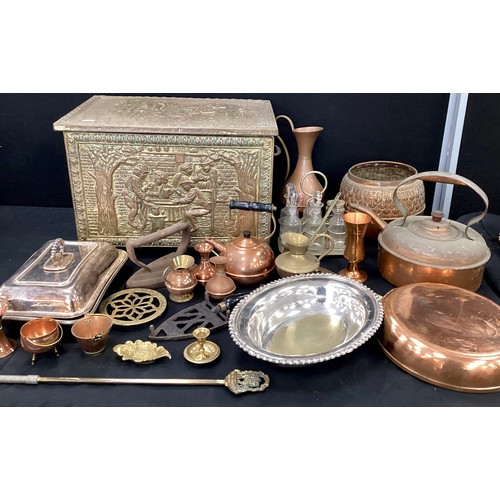 81 - Metalware - a copper kettle, various brass and copper, a log box, flat irons, a silver plated entrée... 