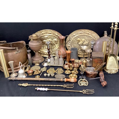 81 - Metalware - a copper kettle, various brass and copper, a log box, flat irons, a silver plated entrée... 