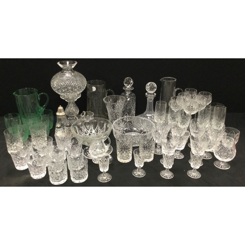 85 - Glass ware - cut glass mushroom lamp, 35cm high, six cut wine glasses, six champagne flutes, six whi... 