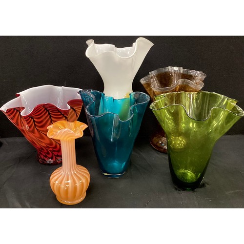 93 - An Art Glass handkerchief vase, in mottled amber and clear colour tones,  others red, blue, green et... 