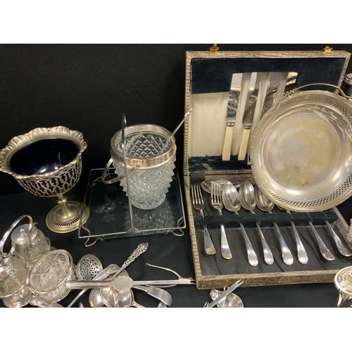 94 - Plated ware - candlabrum, silver napkin rings, silver handled knives and fork, flatware; etc