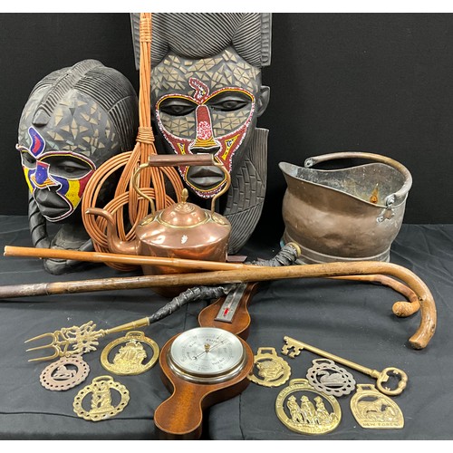 102 - Boxes and objects - large tribal mask, 79cm high, Masai woman bust, 43cm high, copper kettle, horse ... 