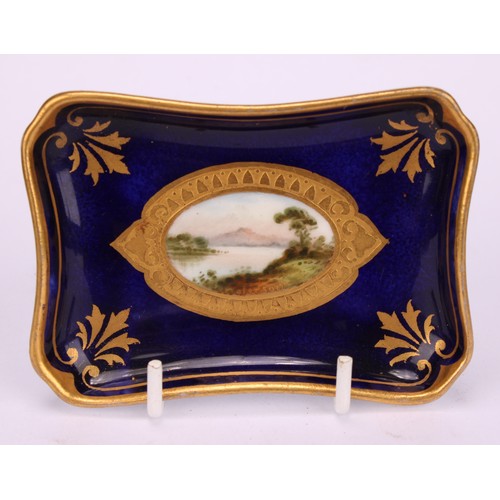 36 - A Coalport miniature canted rectangular tray, painted by W Waterson, signed, the central oval cartou... 