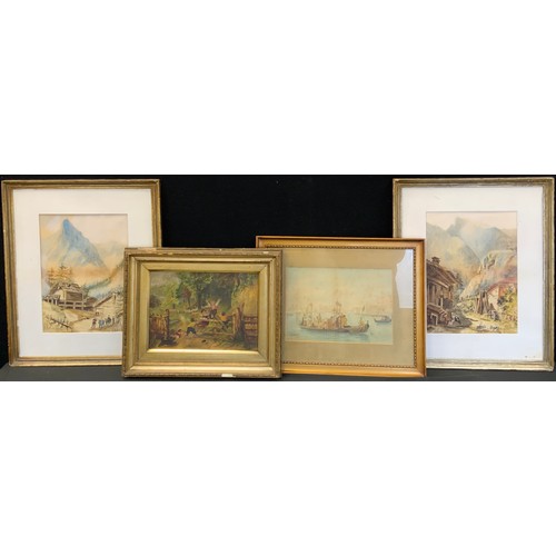 124 - M T Hill, Arrival in Venice, signed watercolour, dated 1907; a pair Alpine cottages etc (4)