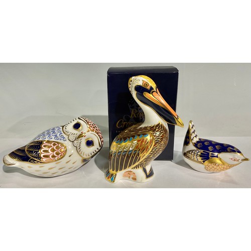 51 - A Royal Crown Derby paperweight, Brown Pelican, gold stopper, boxed; others, Owl, silver stopper; Wr... 