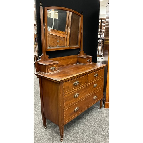 148 - An Edwardian inlaid mahogany three-piece bedroom suite, comprising double wardrobe, 188cm high x 108... 