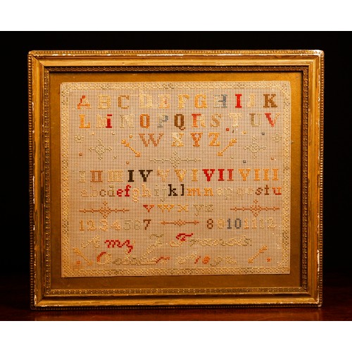 61 - A Victorian needlework sampler, worked in coloured threads, framed