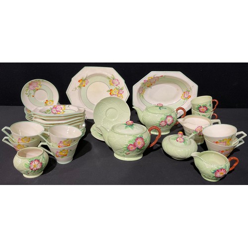 65 - A Paragon Art Deco tea service for six comprising cake plate, side plates, cream jug, cups and sauce... 