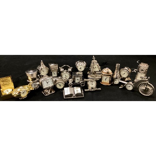 221 - Boxes & Objests - assorted Novelty miniature time pieces, as Boat, book, camera, champagne bottle et... 