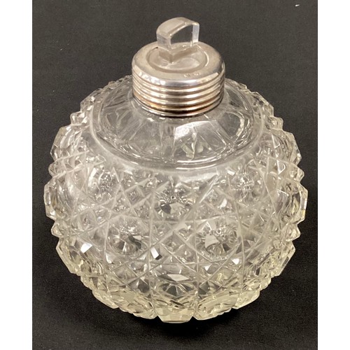 242 - A Victorian cut glass globular scent bottle, silver top, Birmingham 1898, another marks worn (2)