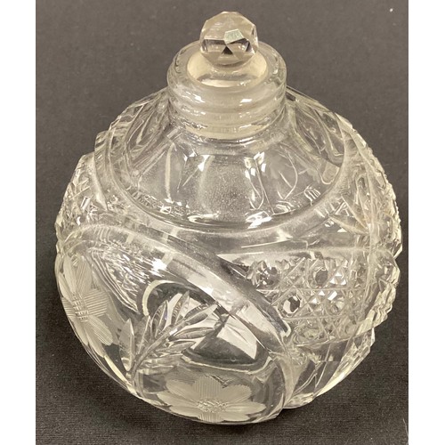 242 - A Victorian cut glass globular scent bottle, silver top, Birmingham 1898, another marks worn (2)