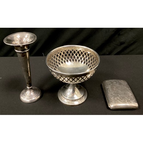 245 - A George V silver pedestal bonbon dish, Sheffield 1929;  bud vase, weighted base;  cigarette case, C... 