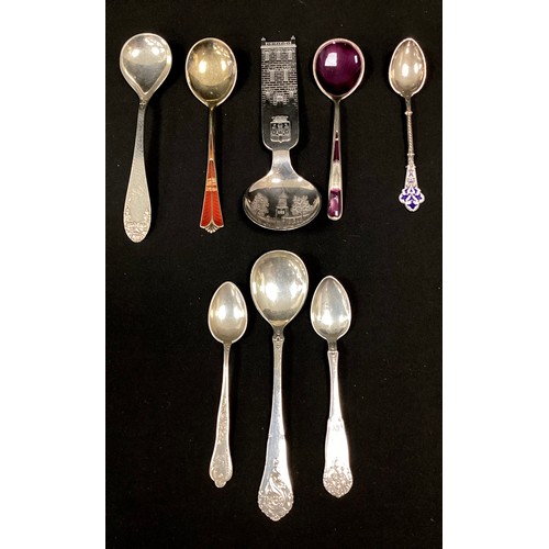 254 - A David Andersen Norwegian 925 silver enamelled spoon, others L Felumb 830s, Hilsen Fra Arbeid Skame... 