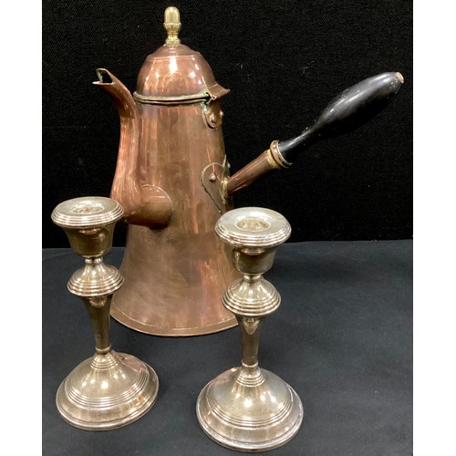 257 - A pair of weighed silver candlesticks, Birmingham, 1987; Arts and Crafts copper coffee pot, 32cm hig... 