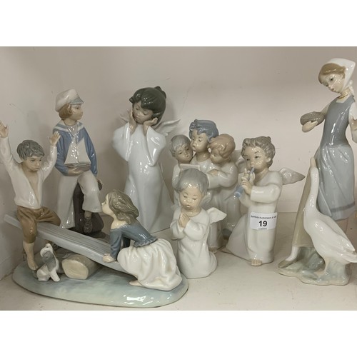19 - Lladro figures including; ‘Singing Angels’, 19cm high, three similar, ‘Maiden with goose’,25cm high;... 