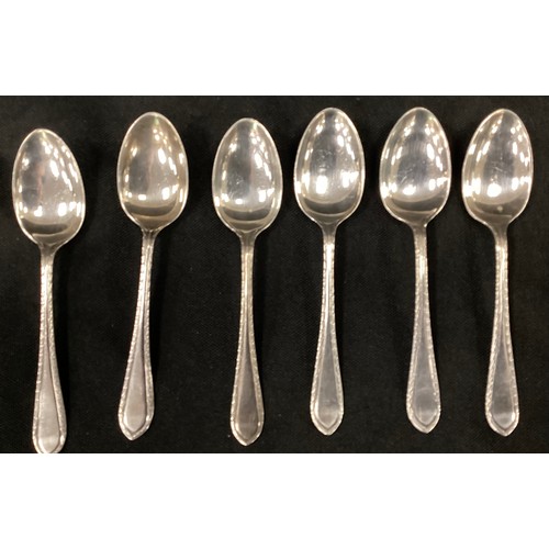 61A - Silver & Plate - a set of six teaspoons, pair of sugar tongs,  silver hafted button hook;  pair of s... 