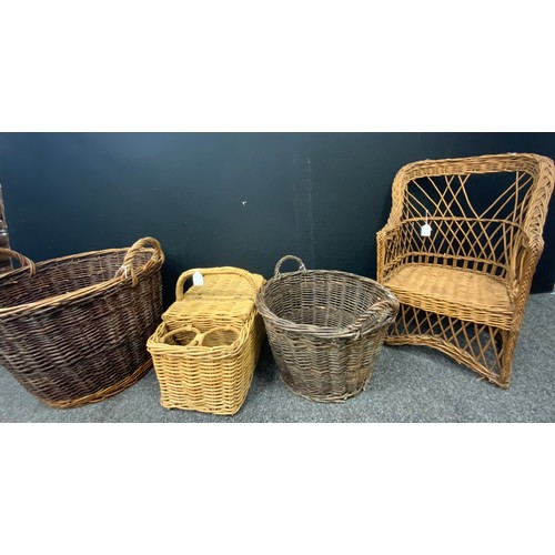 83 - Assorted Wicker woven log baskets, picnic hampers, child’s chair; etc