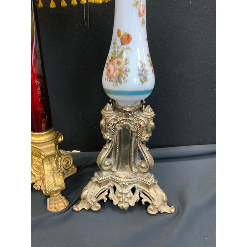 120A - A late Victorian hand painted milk glass lamp stand, silver metal baroque style stand, 62cm high; ru... 