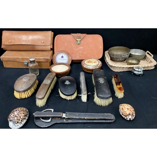 209A - Boxes and Objects - a silver mounted scent bottle; leather travelling cases; brushes; etc