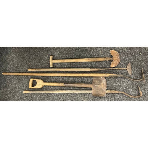 109A - Vintage agricultural and garden tools - rake, garden tiller, hoe, shovels, spades, (14).