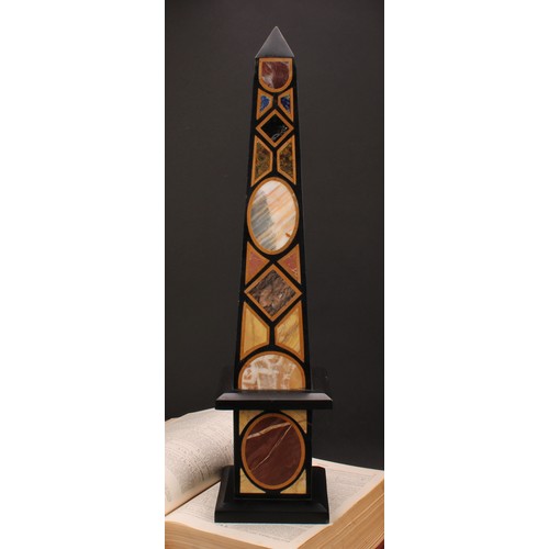 88 - A large pietra dura library obelisk, inlaid with lapis lazuli and other specimen stones, square base... 